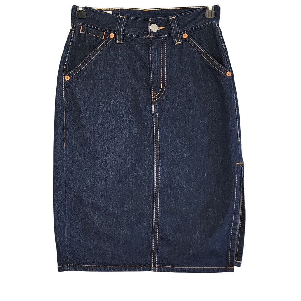 Levi's Women's Small Jean Skirt Dark Wash Denim Midi Long Pencil Skirt Side Slit